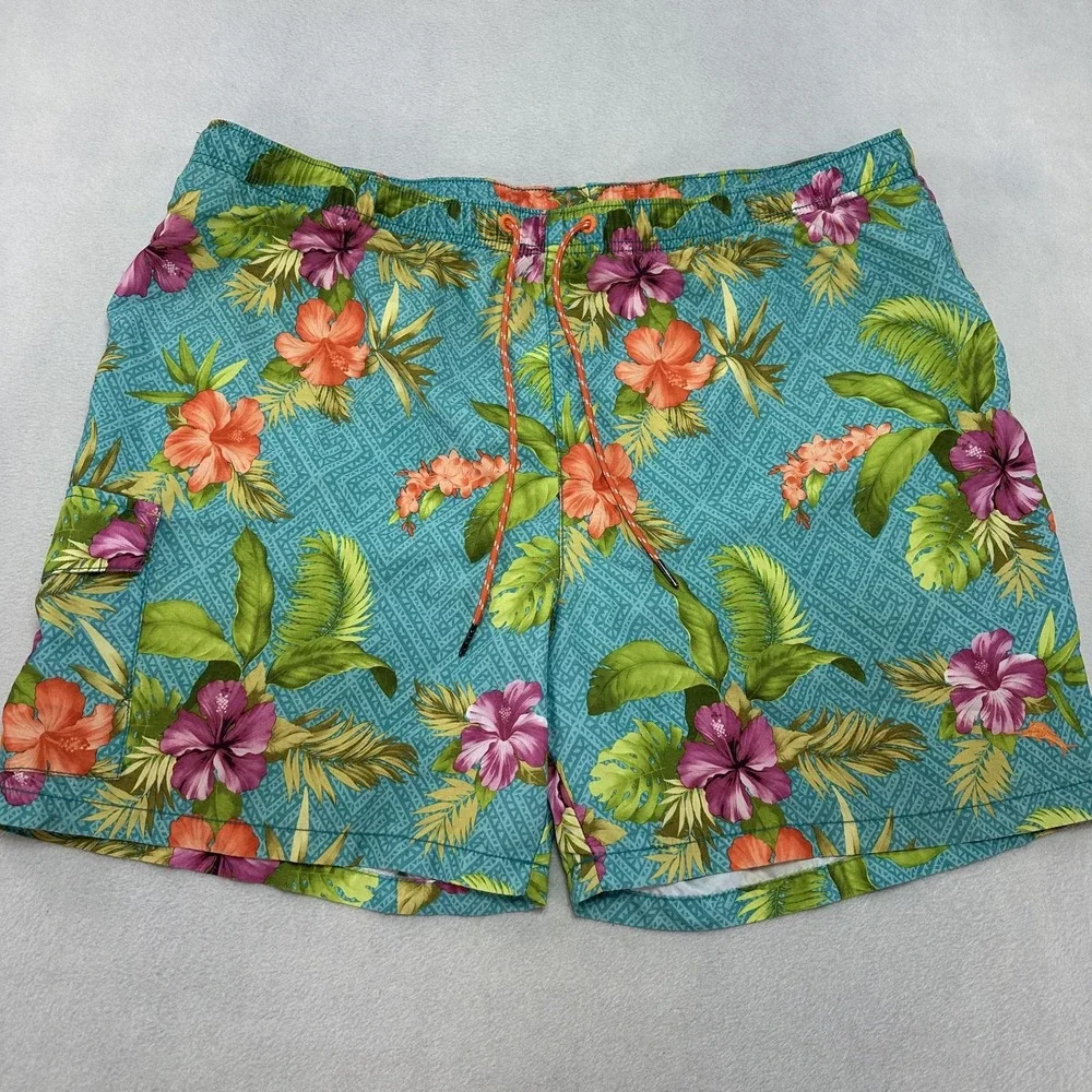 Tommy Bahama‎ Shorts Mens 2XL Teal Hawaiian Floral Swim Trunks Relax Mesh Lined